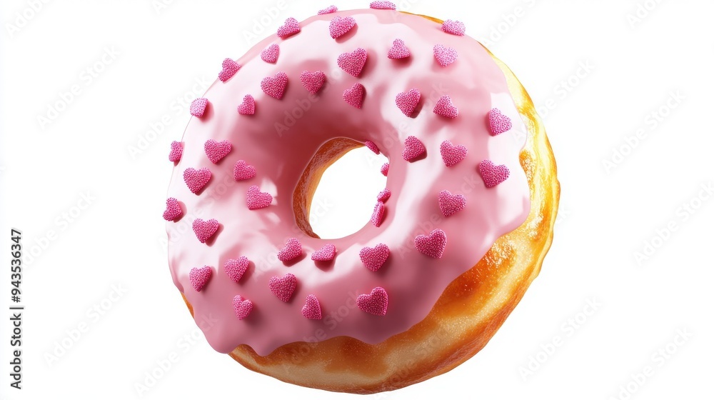 A doughnut with pink icing and heart sprinkles, dessert element, flat design, sweet and cute, isolated on white background A doughnut with pink icing and heart sprinkles, dessert element, flat design, sweet and cute, isolated on white background