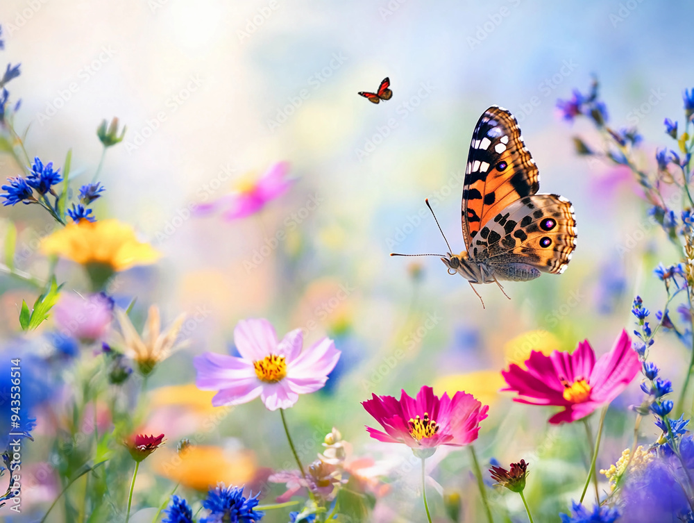 Flower meadow in spring, wildflowers in full bloom, a mix of colorful petals, butterflies fluttering Flower meadow in spring, wildflowers in full bloom, a mix of colorful petals, butterflies fluttering
