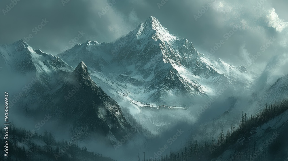 Obraz premium Snow-capped mountain peaks loom under a cloudy sky at dawn