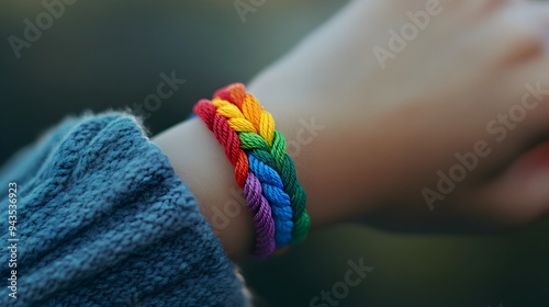 Colorful rainbow striped pride bracelet worn on a person s wrist representing and inclusion of the LGBTQ community and their rights photo