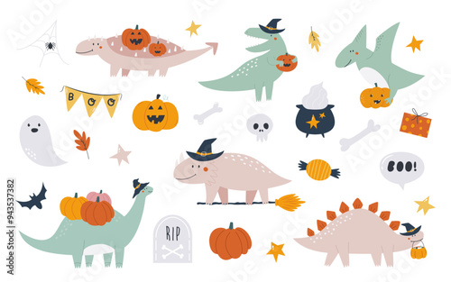 Set of Halloween dinosaurs and holiday elements, icons, clip arts. Hand drawn vector illustrations.