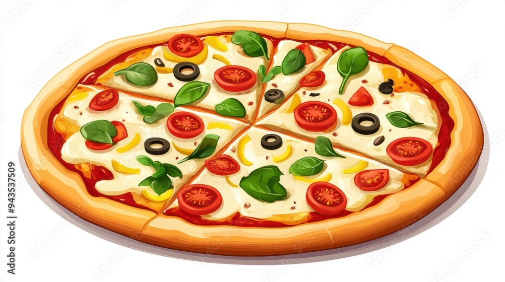 A pizza with various toppings, food element, flat design, vibrant and appetizing, isolated on white background A pizza with various toppings, food element, flat design, vibrant and appetizing, isolated on white background
