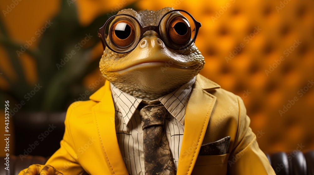 Fototapeta premium Funny frog in a suit and glasses on a yellow background.