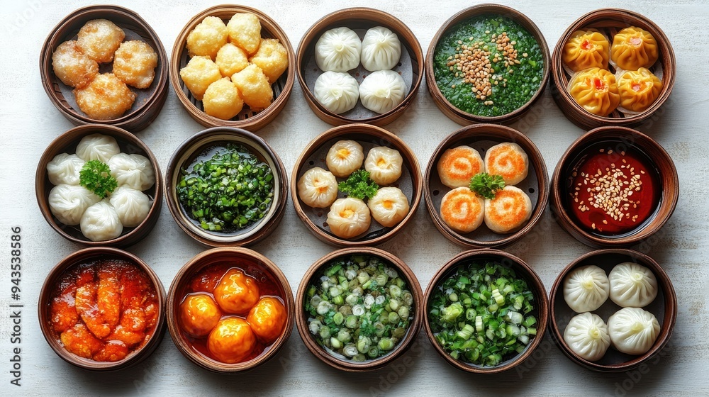 Chinese dim sum set with dumplings, buns, and dipping sauces