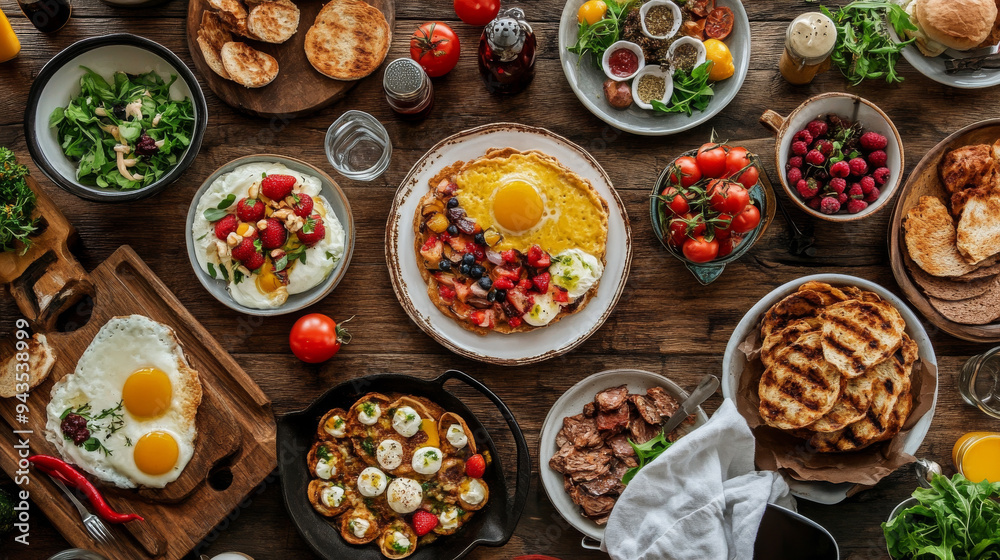 Fototapeta premium Top view of a delicious breakfast spread on a rustic table