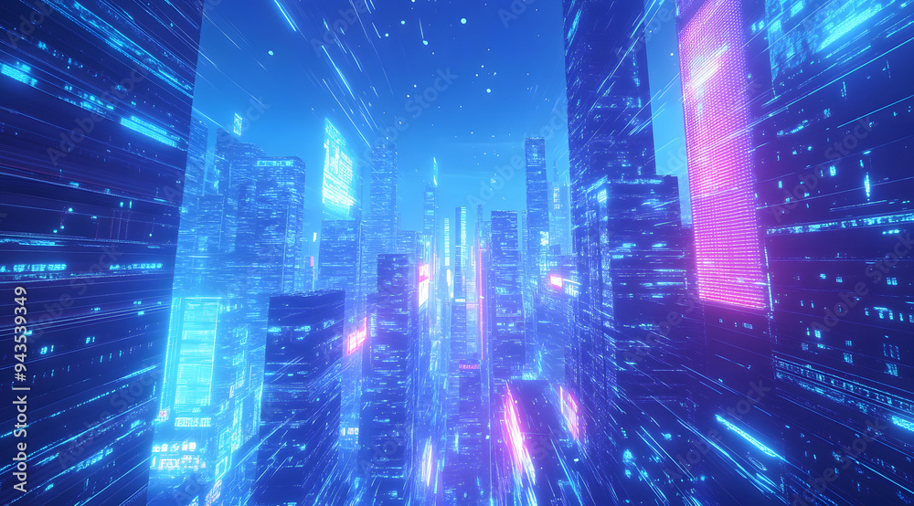 A Futuristic Cityscape with Towering Skyscrapers Illuminated Against a Night Sky, Showcasing Advanced Architecture and Neon Lights, Capturing the Essence of a Modern Metropolis with High-Tech Infrastr