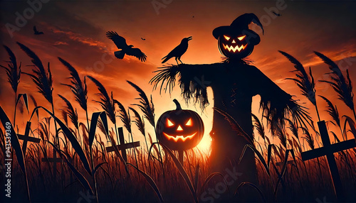 halloween background with scarecrow with pumpkin head, generative ai