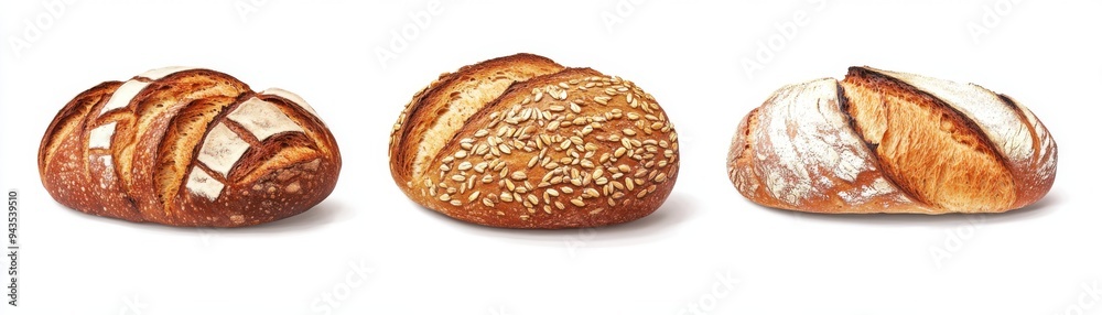 A set of artisanal bread loaves, bakery collection, rustic style, multigrain texture, isolated on white background A set of artisanal bread loaves, bakery collection, rustic style, multigrain texture, isolated on white background