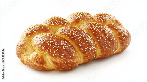 A loaf of challah bread with sesame seeds, bakery element, realistic style, braided and golden, isolated on white background