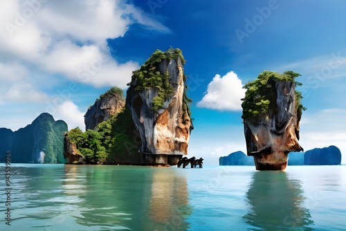 Stunning amazed nature scenic landscape James Bond island Phang-Nga bay, Famous fantastic landmark travel Phuket Thailand Generative AI photo