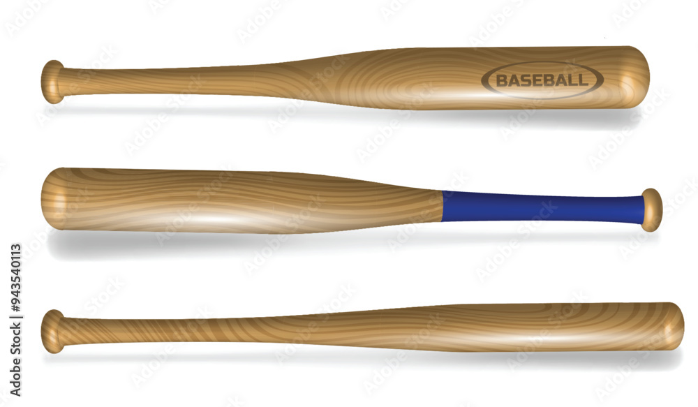 An illustration of showcasing three perspectives of a wooden baseball bat. The bat is primarily natural wood color, with one design featuring a blue grip. The image provides a detailed view
An illustration of showcasing three perspectives of a wooden baseball bat. The bat is primarily natural wood color, with one design featuring a blue grip. The image provides a detailed view