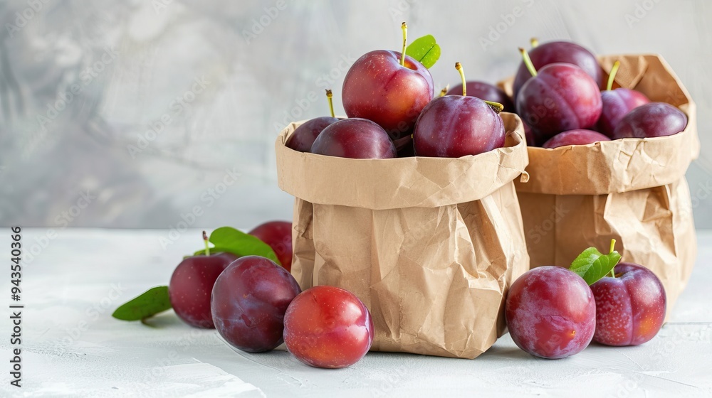 Fresh Ripe Plums in Paper Bags on a Light Background - Harvested Seasonal Fruits Fresh Ripe Plums in Paper Bags on a Light Background - Harvested Seasonal Fruits