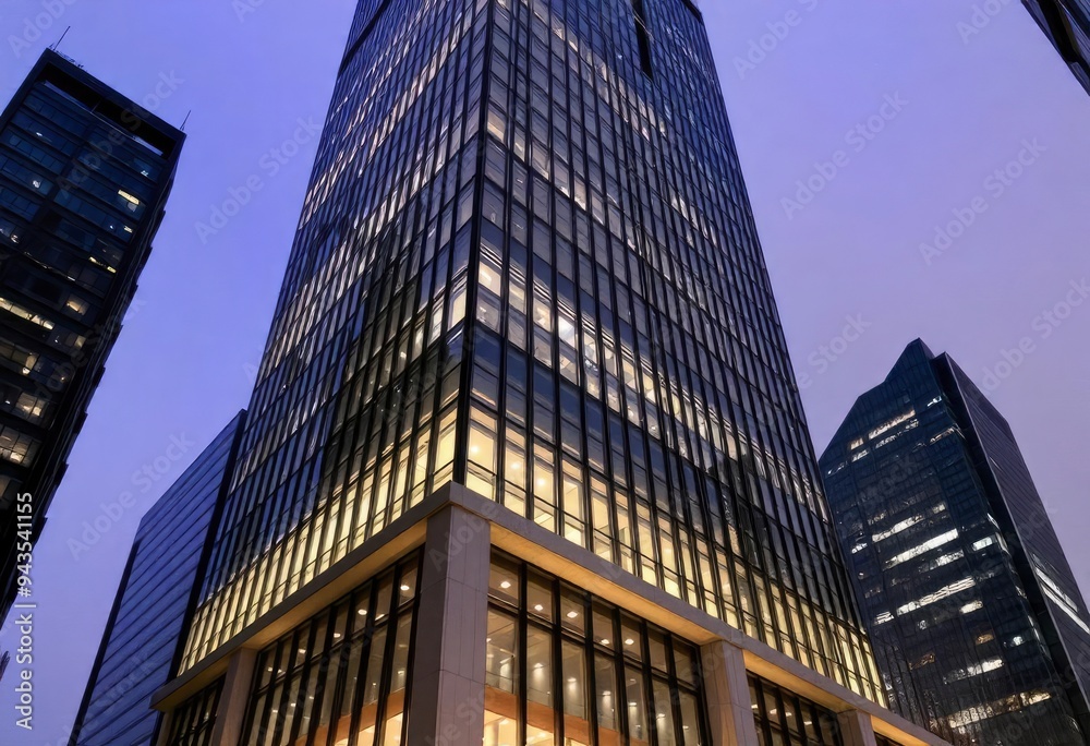 Naklejka premium Office building glass and city skyline, ai