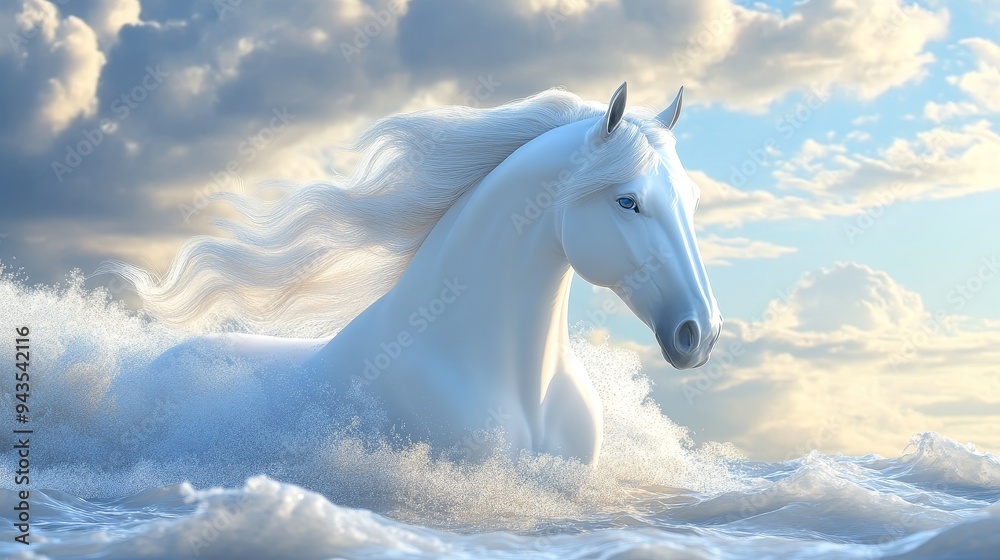 A majestic white horse with flowing mane runs through a sea of clouds, bathed in golden light. A majestic white horse with flowing mane runs through a sea of clouds, bathed in golden light.