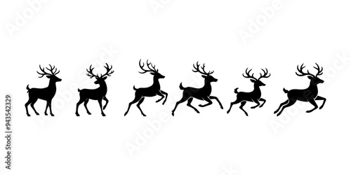 Big set of winter reindeer santas in motion, outline on white background.