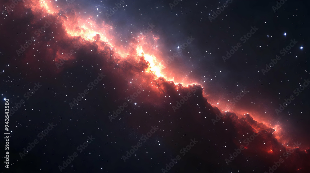 A cosmic cloud of red and orange glows in a field of stars, with a band of stars across the bottom.