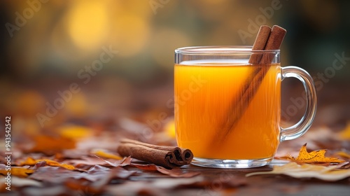 Warm spiced cider in a clear mug with cinnamon sticks surrounded by autumn leaves in a cozy setting