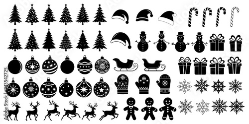Big set of winter silhouette black, outline. Christmas tree, reindeer, ornaments, gingerbread,  snowflake on white background.