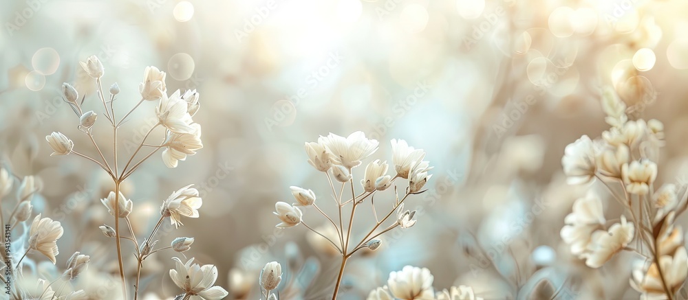Soft white pastel flowers with a romantic essence set against a blurred nature backdrop creating a serene copy space image Soft white pastel flowers with a romantic essence set against a blurred nature backdrop creating a serene copy space image