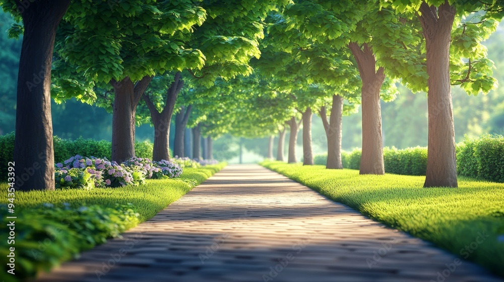A sunlit path through a lush green tree-lined avenue. The path leads to a bright, open area in the distance. A sunlit path through a lush green tree-lined avenue. The path leads to a bright, open area in the distance.