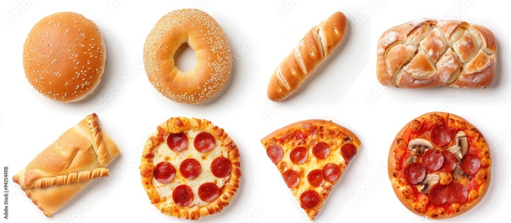 A set of various fast food items including a bun pastry pizza and roll arranged in a top view style with a selective focus on a white background providing ample copy space in the image A set of various fast food items including a bun pastry pizza and roll arranged in a top view style with a selective focus on a white background providing ample copy space in the image