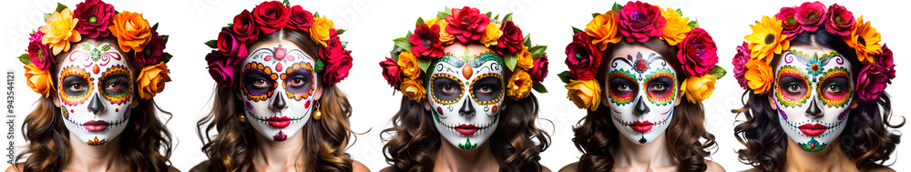Set of female faces with masks for Halloween on a white background. Set of female faces with masks for Halloween on a white background.
