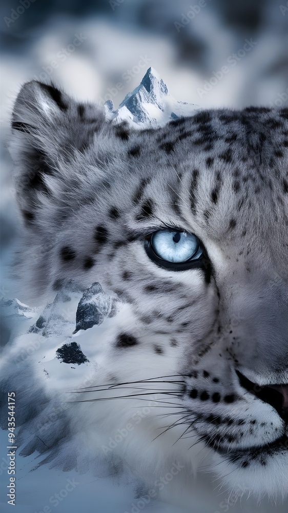 Naklejka premium a leopard with a blue eye and a mountain in the background