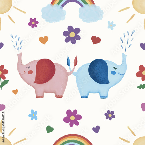 Cute baby elephants, sunshine and rainbow pattern, happy pink and blue elephants spraying water from their trunks, a fun nursery wallpaper design