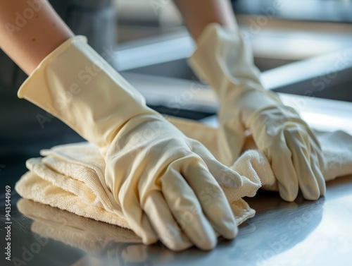 Close-up of woman 039;s hands in gloves polishing a table with cloths, representing professional cleaning services.