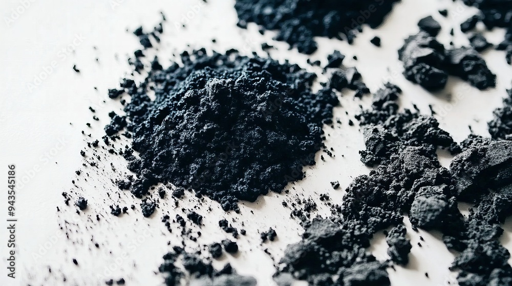 Close-up of dark powdery substances arranged on a white surface, showcasing their texture and color. Close-up of dark powdery substances arranged on a white surface, showcasing their texture and color.