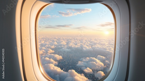 Airplane Window View of Cityscape and Clouds at Sunset.