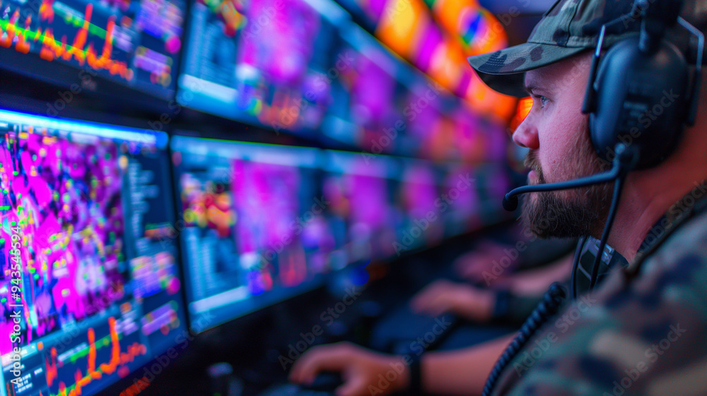 Military personnel monitoring data on multiple screens in a command center Military personnel monitoring data on multiple screens in a command center
