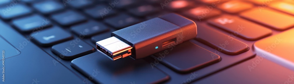 Flash drive plugged into a laptop, with files transferring and a focus on technology, Professional, Bright, Detailed Flash drive plugged into a laptop, with files transferring and a focus on technology, Professional, Bright, Detailed