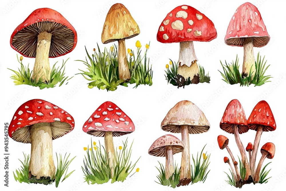 A watercolor set of minimal various mushroom isolated on a clear png background. These elements include mushrooms, leaves, fungi, and fungi edibles. A watercolor set of minimal various mushroom isolated on a clear png background. These elements include mushrooms, leaves, fungi, and fungi edibles.