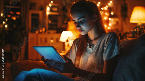 Woman using a digital tablet in a cozy living room