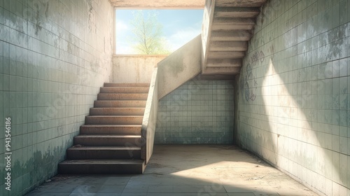 A staircase is shown in a very empty room with a window