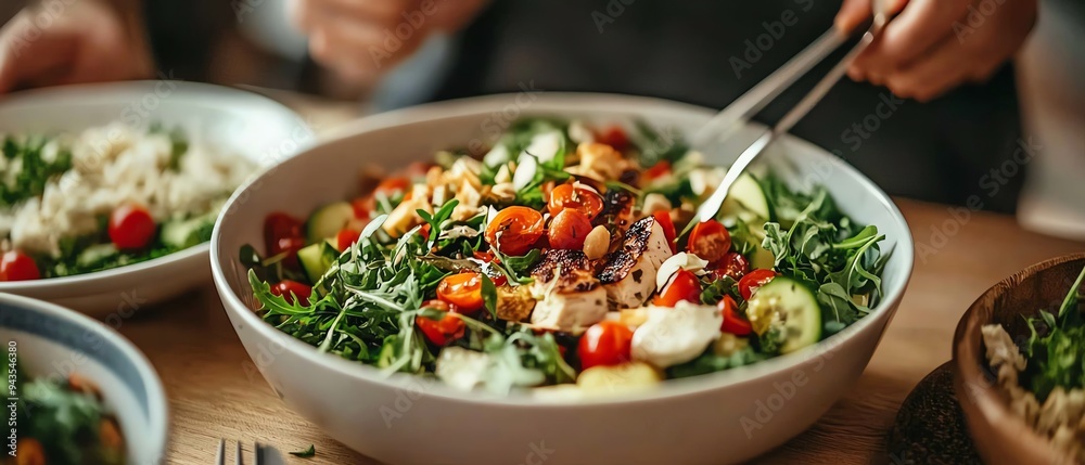 A family enjoying a meal rich in diverse, plantbased foods, with a subtle glow around their abdominal areas to indicate a balanced microbiome Microbiome balance concept. A family enjoying a meal rich in diverse, plantbased foods, with a subtle glow around their abdominal areas to indicate a balanced microbiome Microbiome balance concept.