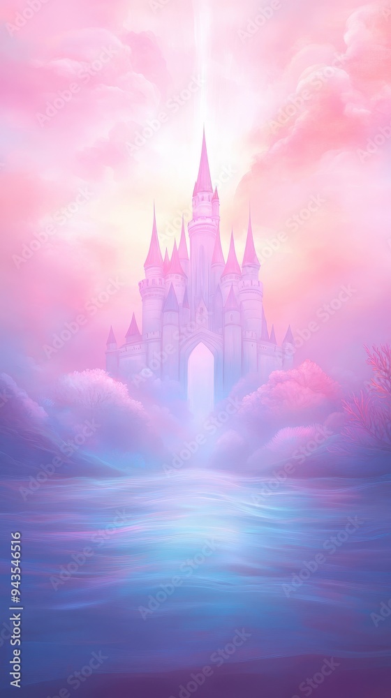A castle with a pink sky and a blue ocean in the background A castle with a pink sky and a blue ocean in the background
