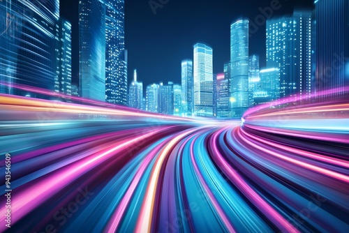 In this fast-paced video, speed light trails crisscross a smart modern megacity and skyscrapers town with a neon futuristic technology background, both in virtual reality and in motion effects, and