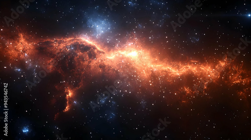 A cosmic nebula with glowing orange gas, scattered with stars, against a dark blue sky.