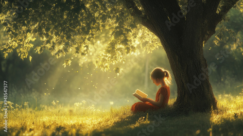 Young girl reading a book under a tree