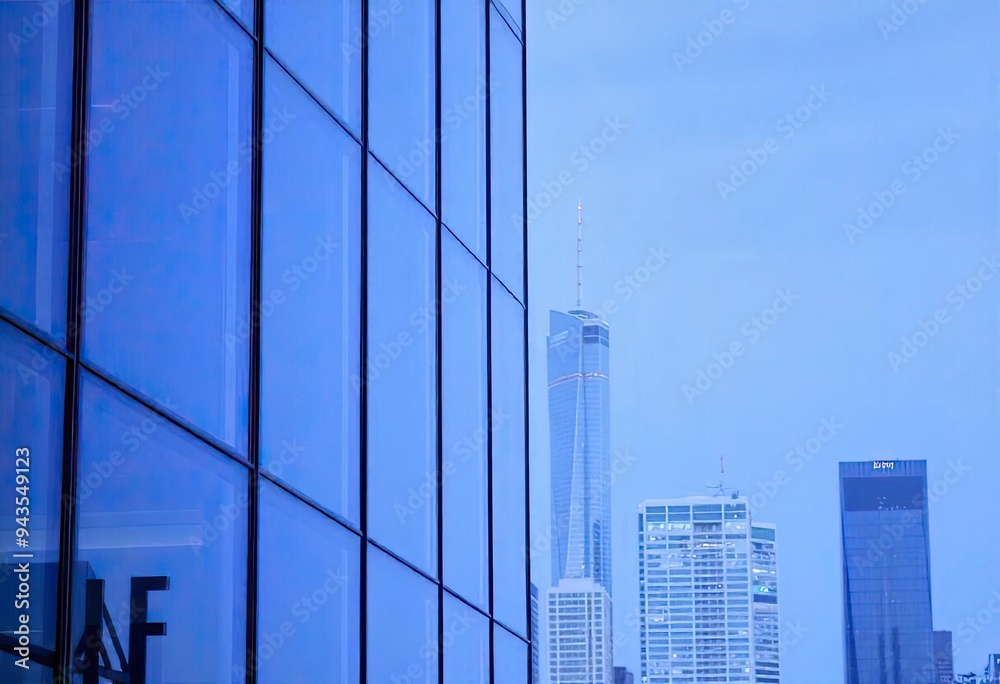 Obraz premium Office building glass and city skyline, ai