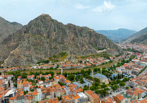 Obraz na płótnie Fascinating view of the city of Amasya, also known as the city of princes. wonderful clouds coming out of the mountains. YESILIRMAK river. w salonie