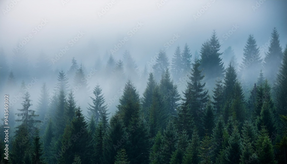 Fototapeta premium panoramic background of forest covered by fog