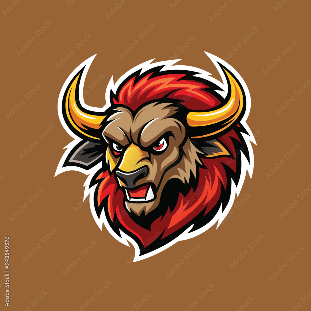 Obraz premium Aggressive bull mascot logo icon vector design on brown background