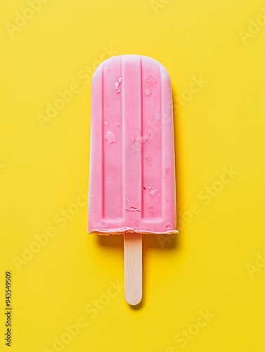 A summer pink icepop with a brown stick against a yellow background. Color contrast with the solid color of the background. Summer mood. photo