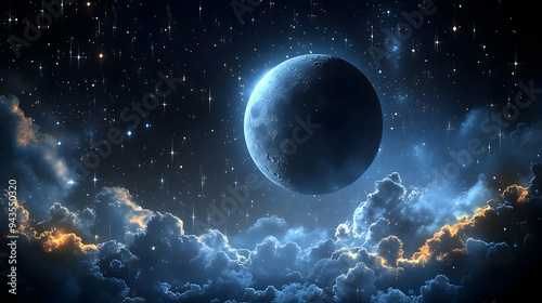A crescent moon hangs in th...