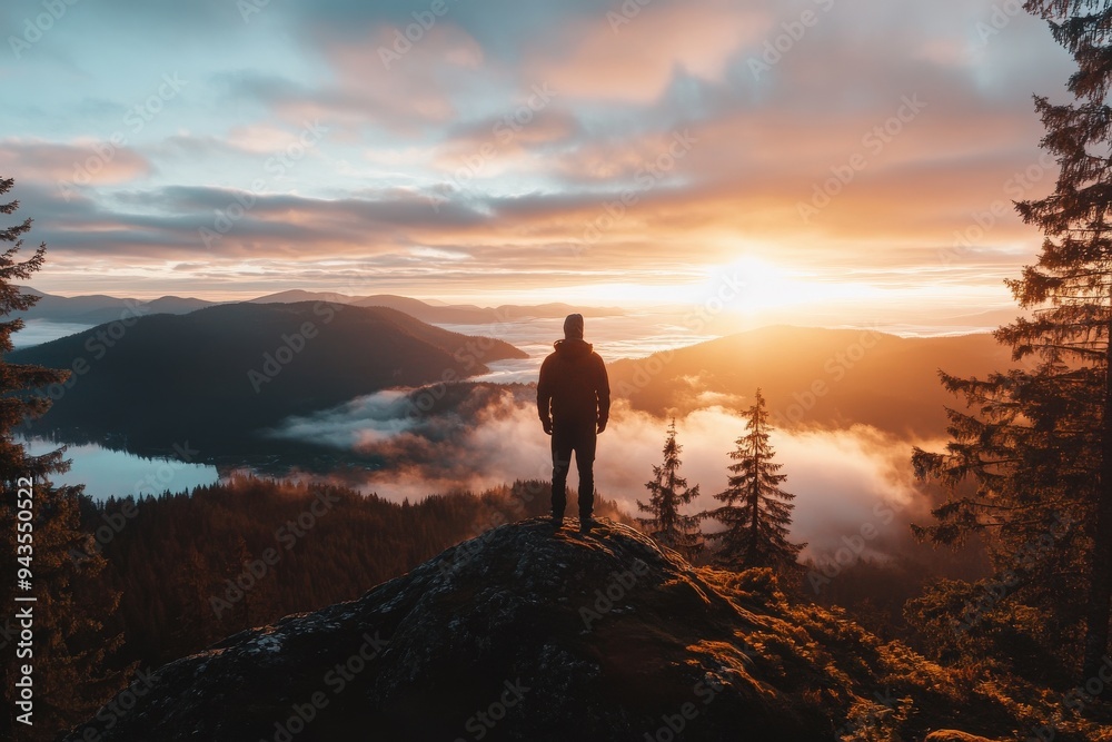 A lone person stands on a mountain peak overlooking a beautiful forested landscape with mist and warm colors of the sunset creating a serene and majestic view. A lone person stands on a mountain peak overlooking a beautiful forested landscape with mist and warm colors of the sunset creating a serene and majestic view.