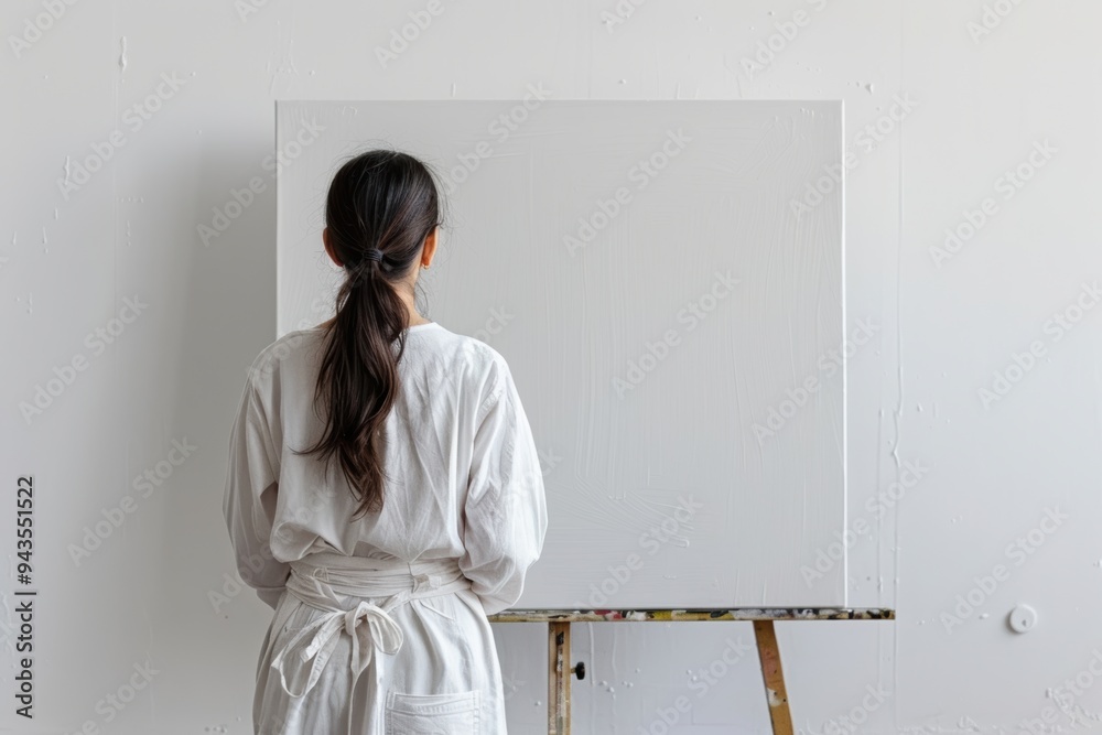 White canvas with large copy space in a pastel girlish room with a pretty artist seen from behind... White canvas with large copy space in a pastel girlish room with a pretty artist seen from behind...