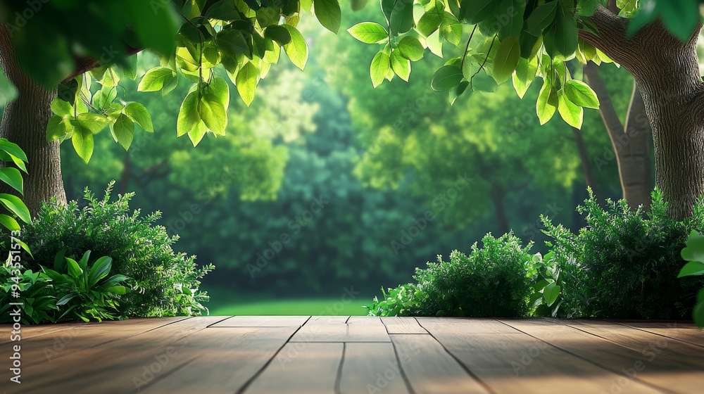 Wooden deck overlooking a lush green forest with sunlight filtering through the leaves. Wooden deck overlooking a lush green forest with sunlight filtering through the leaves.